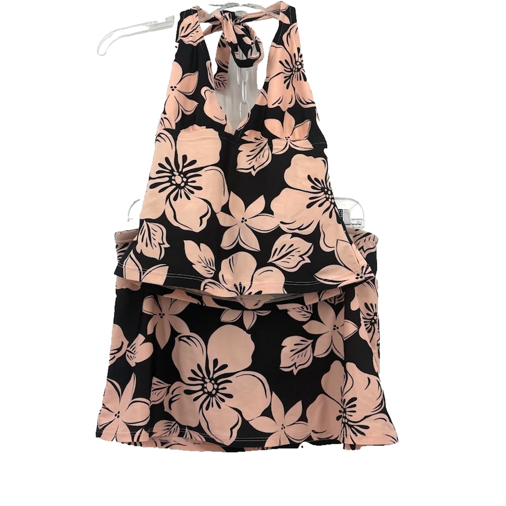 Sunsets Separates Tankini Swim Skirt Set M Black Pink Floral Halter USA Made